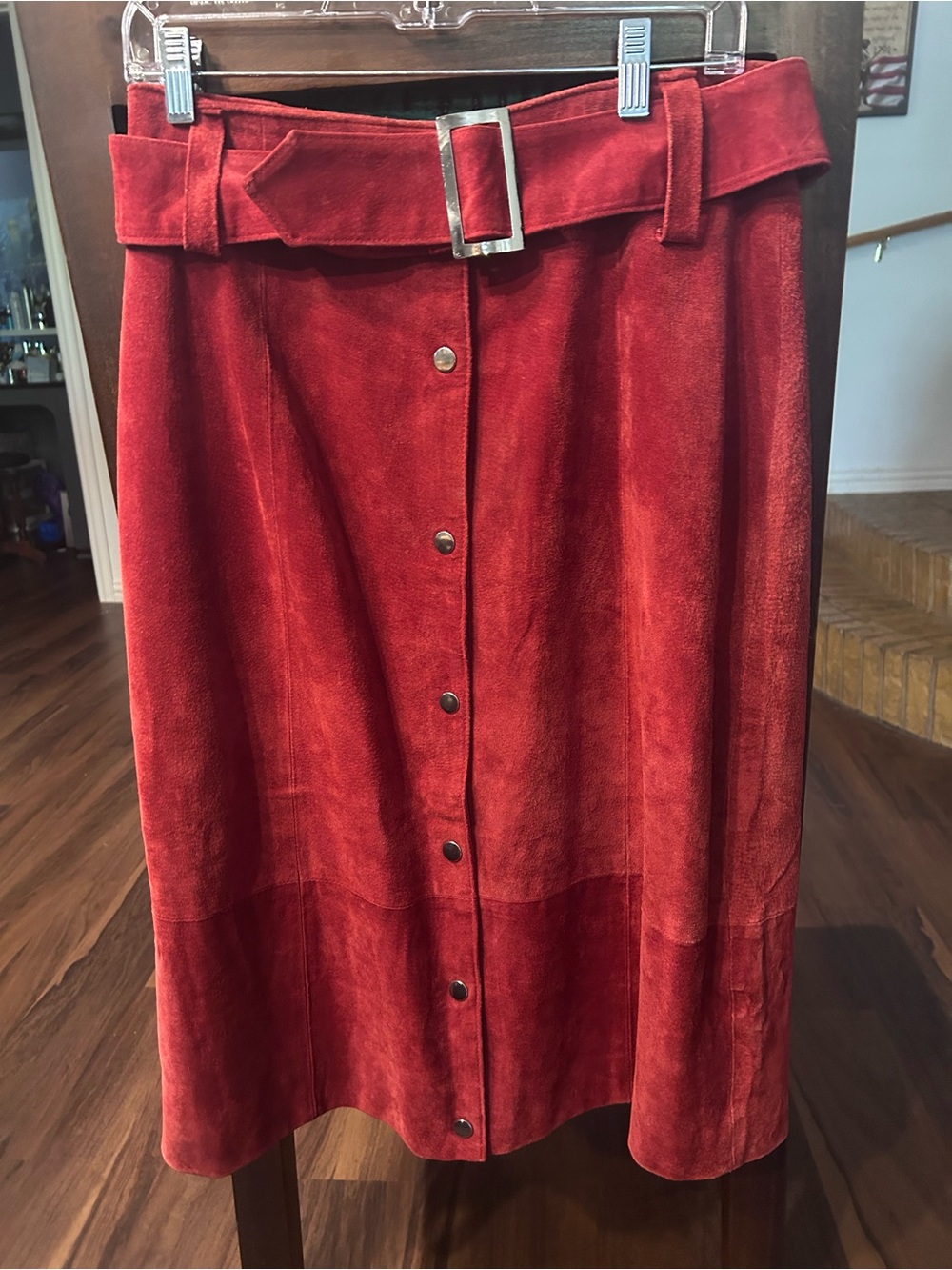 Belted Button-Front Red Suede Midi Skirt